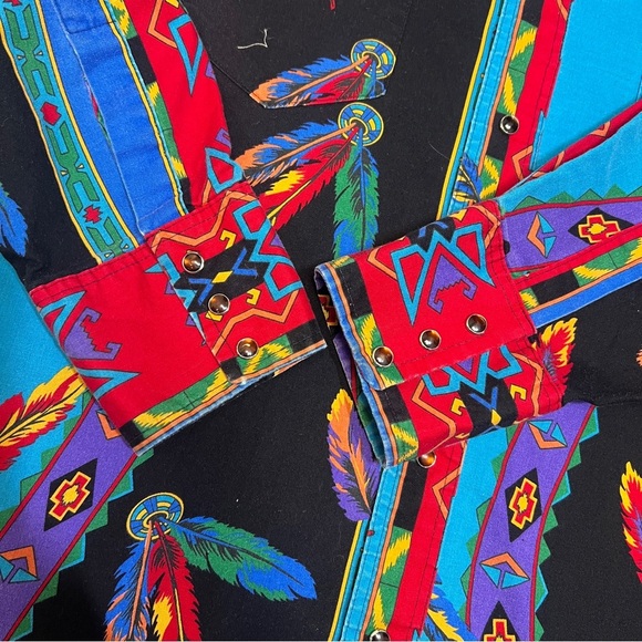 Wrangler Vintage Y2K 90’s Aztec Southwestern Feather Long Sleeve Pearl Snap - Picture 7 of 9